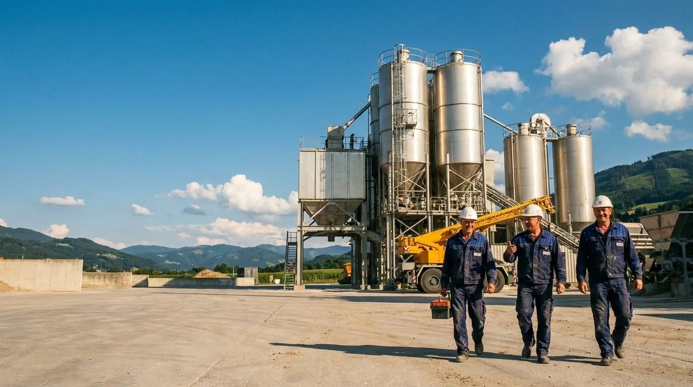 Montageteam von HP Industries vor einer fertigen Mischanlage