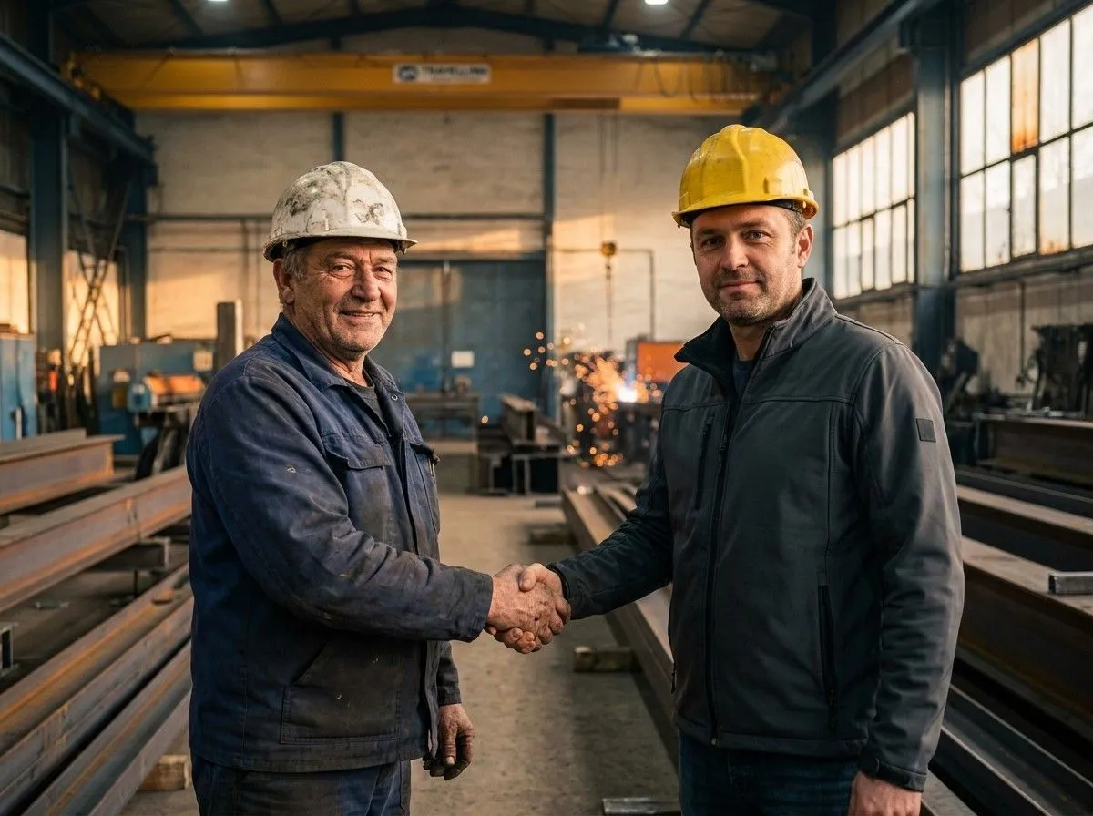 Handschlag zwischen Monteur und Bauleiter in der Stahlbauhalle von HP Industries