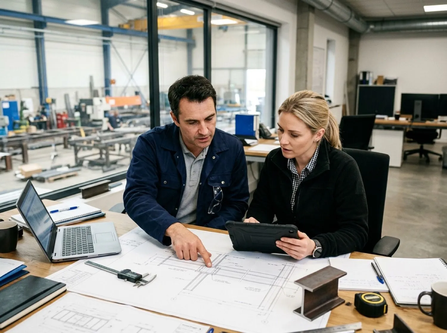 Techniker prüfen Stahlbau-Konstruktionspläne im Werkstattbüro von HP Industries