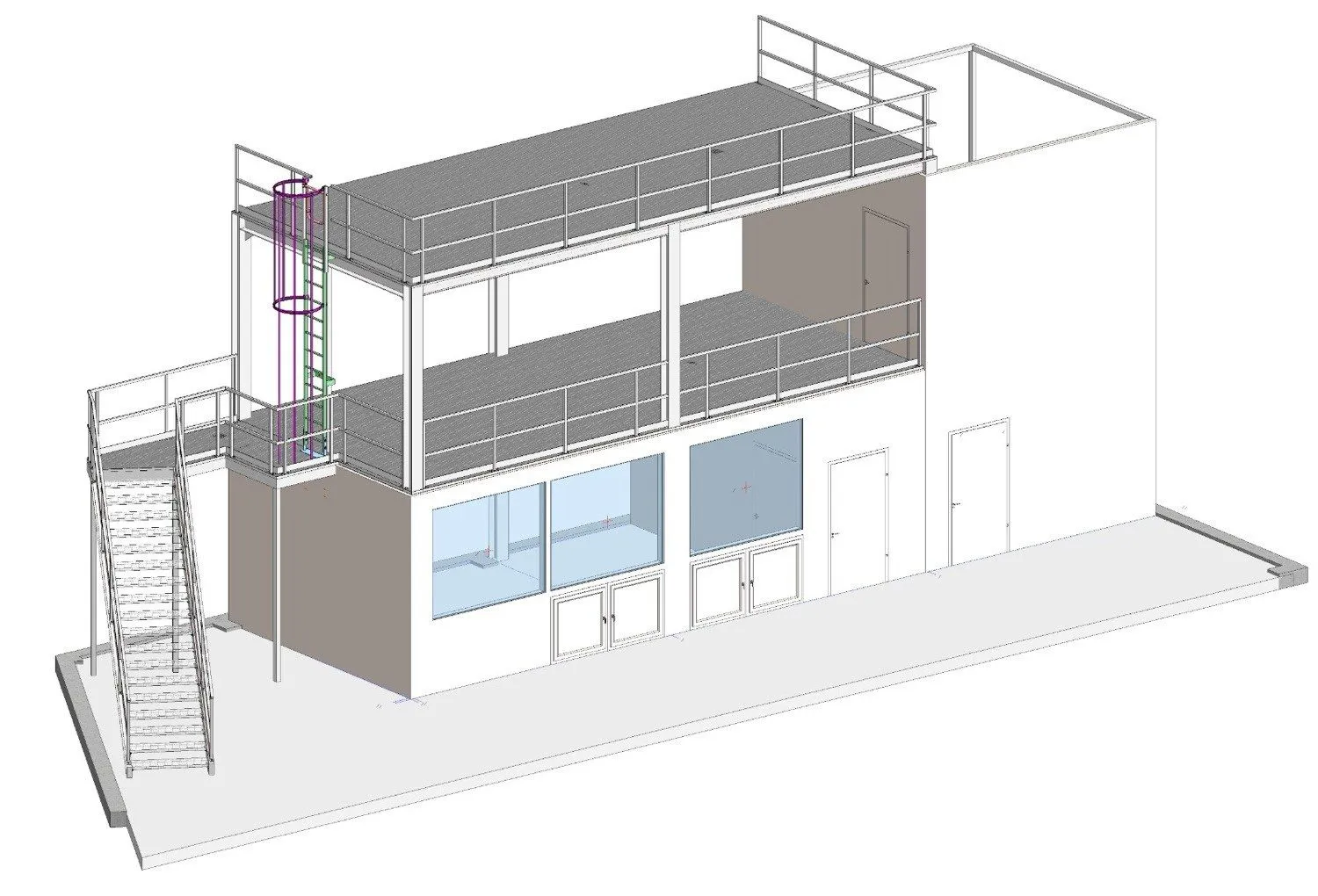 3D-Planung einer Stahlkonstruktion mit Treppenturm und umlaufenden Podesten von HP Industries